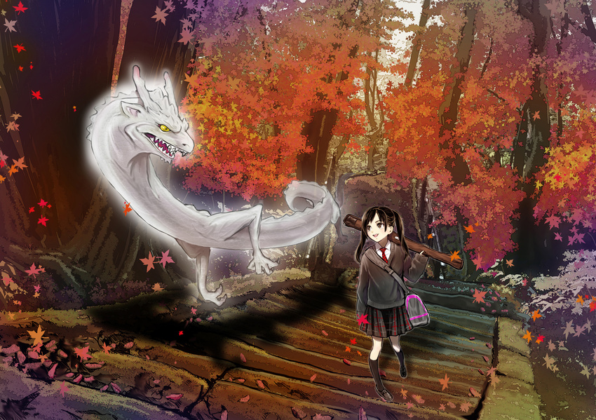 autumn bag black_eyes black_hair cardigan commentary_request dragon duffel_bag ebba female forest highres nature necktie original outdoors photoshop_(medium) pleated_skirt school_uniform skirt stairs twintails