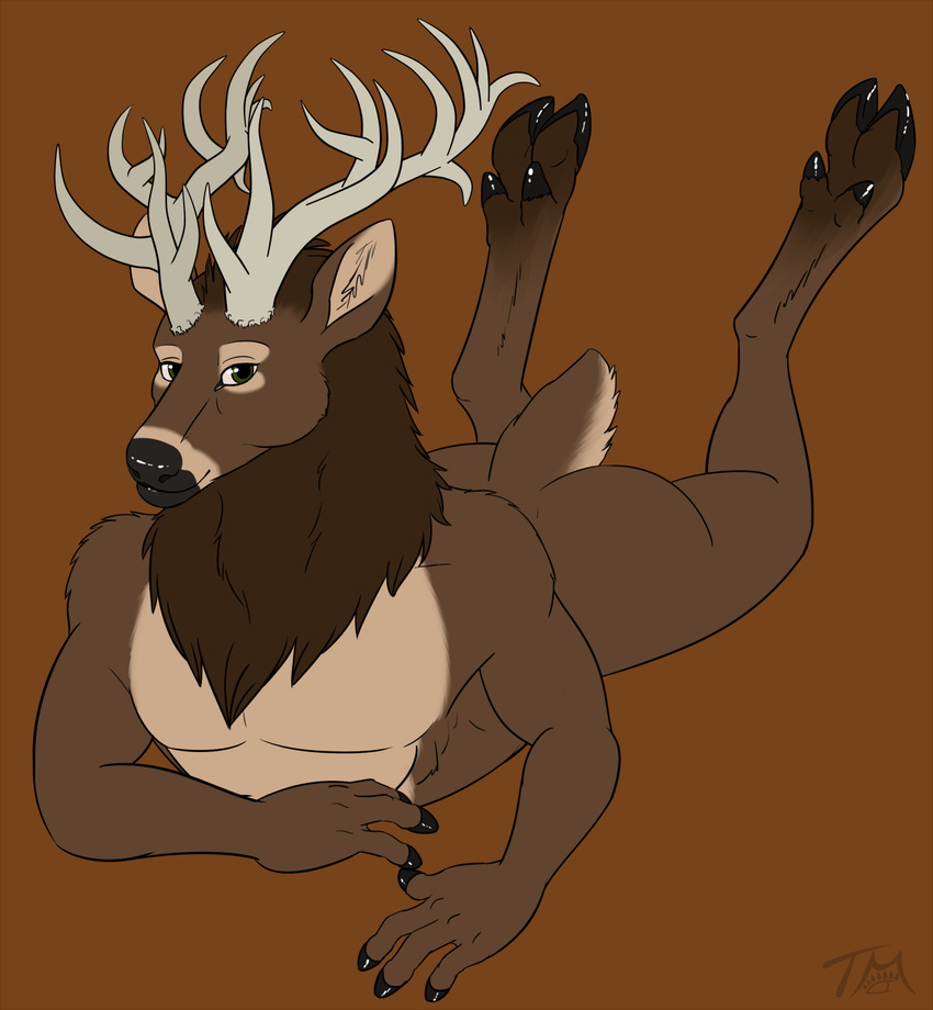 anthro antlers ass bakari cervine deer elk fur hair hi_res horn looking_at_viewer lying male mammal nude on_front smile solo