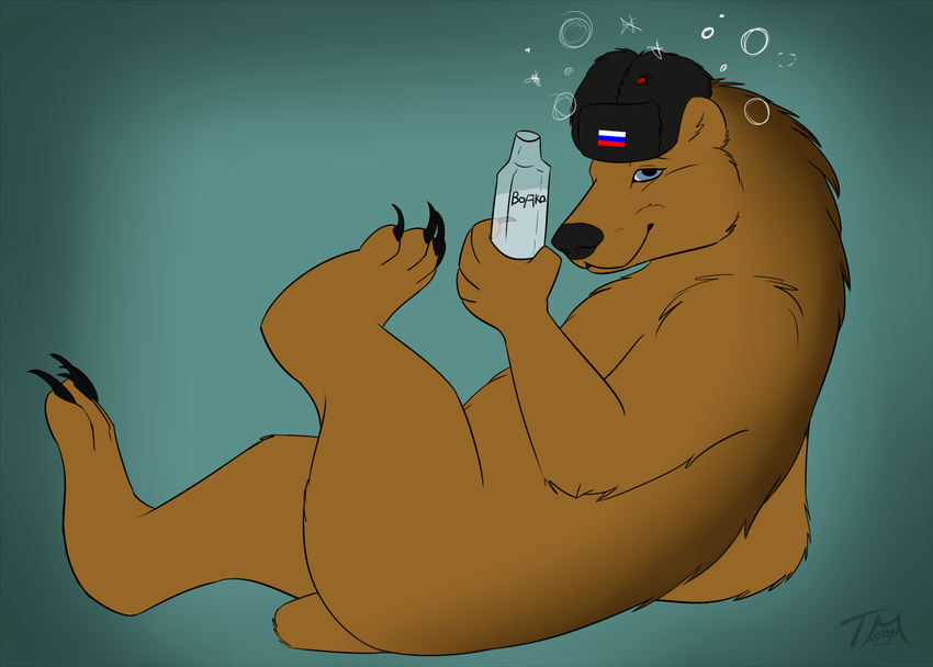 2015 alcohol ambiguous_gender bakari bear beverage blue_eyes bottle brown_body brown_fur claws clothing container drunk feral fur hat headgear headwear looking_at_viewer mammal simple_background smile solo substance_intoxication vodka