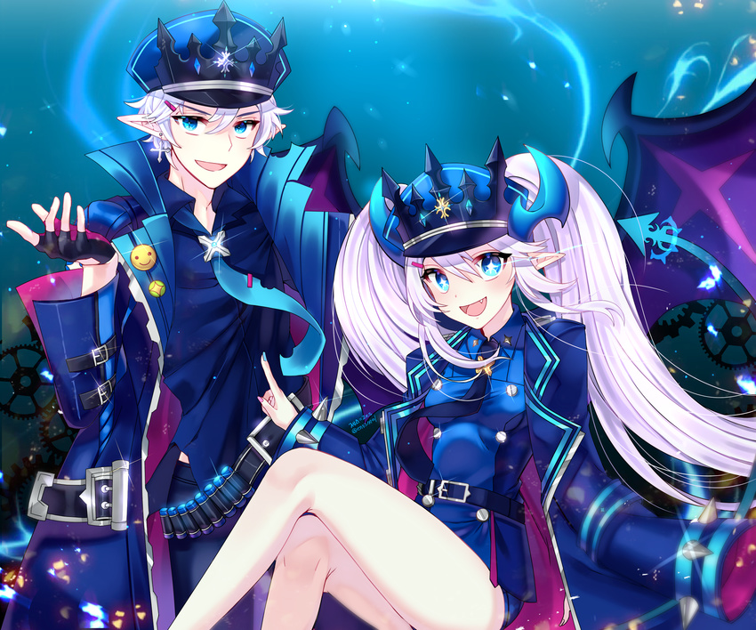 1boy :d abysser_(elsword) bad_id bad_pixiv_id bare_legs belt blue_background blue_coat blue_eyes blue_hat blue_horns blue_necktie blue_shirt blue_theme ciel_(elsword) coat commentary_request earrings elsword female hat highres horns jewelry legs long_hair looking_at_viewer luciela_r._sourcream necktie oerba_yun_fang open_mouth pointy_ears shirt signature sleeves_past_wrists smile timoria_(elsword) twintails twitter_username white_hair xes_(xes_5377)