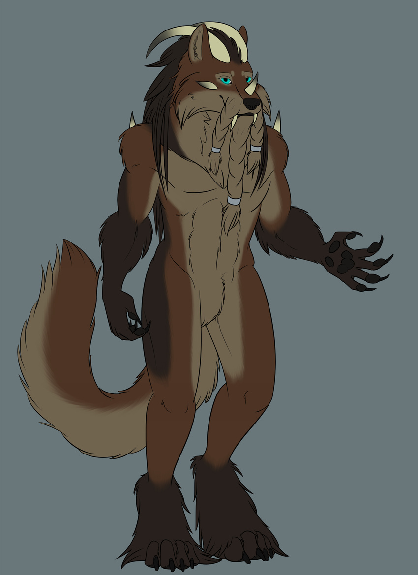 anthro bakari beard canid canine facial_hair fur hair hi_res horn hybrid looking_at_viewer male mammal nude solo standing