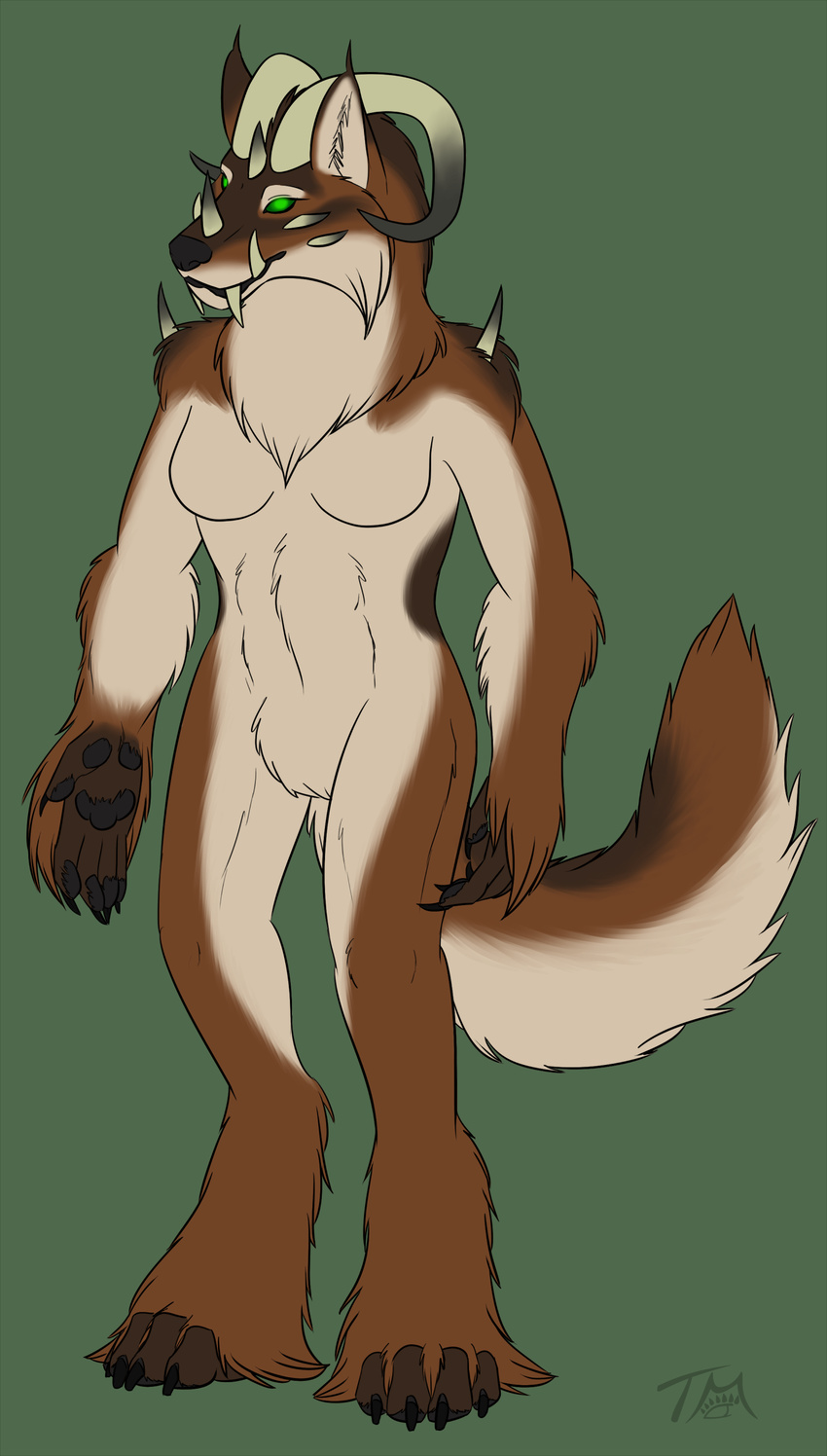 absurd_res anthro bakari breasts canid canine featureless_breasts female fur hair hi_res horn hybrid mammal nude solo standing