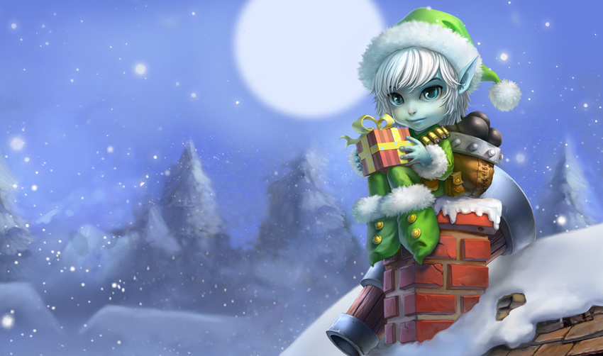 artist_request blue_skin chimney colored_skin earnest_elf_tristana female gift hat holding holding_gift league_of_legends official_art photoshop_(medium) pointy_ears solo tristana yordle