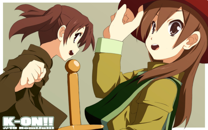 2girls brown_eyes brown_hair commentary_request cosplay extra hat k-on! long_hair multiple_girls nojima_chika robe romeo_and_juliet sword taki_eri twintails weapon yamano_sachi