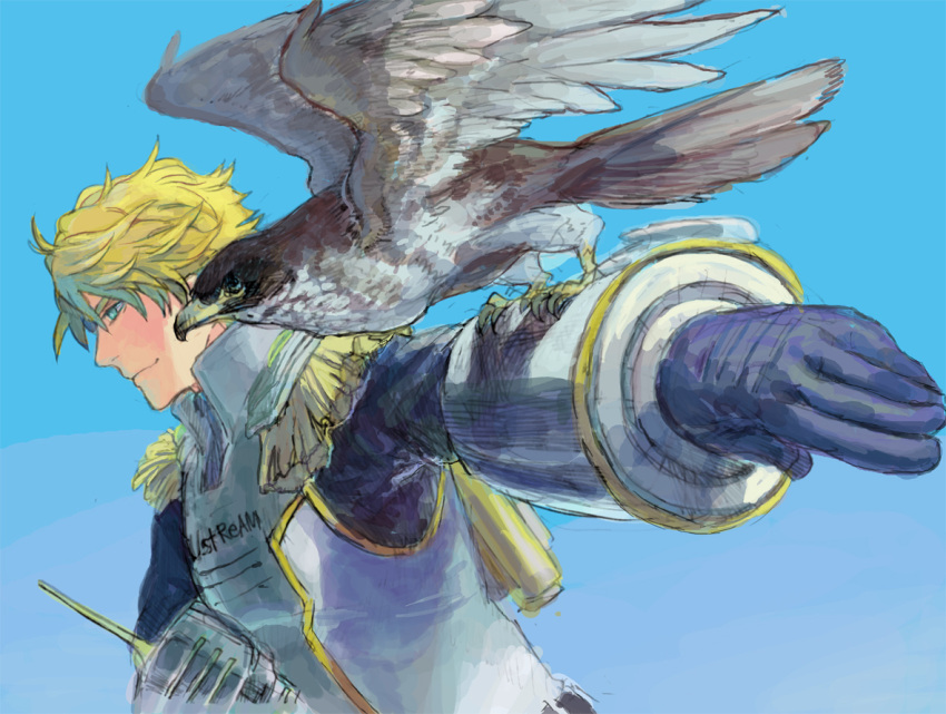 1boy animal_on_arm bad_id bad_pixiv_id bird bird_on_arm blonde_hair blue_eyes epaulettes falcon falconry helmet jetpack keith_goodman male_focus photoshop_(medium) power_suit prrrr333 sky sky_high_(tiger_&_bunny) solo superhero_costume tiger_&_bunny unworn_headwear unworn_helmet