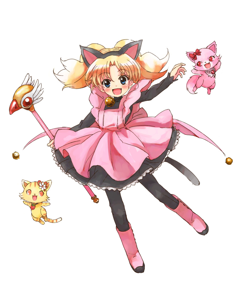 :d absurdres animal_ears bad_id bad_pixiv_id bell black_thighhighs blonde_hair blue_eyes boots cardcaptor_sakura cat_ears cosplay female fuuin_no_tsue garnet_(jewelpet) highres jewelpet_(series) jewelpet_twinkle jingle_bell kinomoto_sakura kinomoto_sakura_(cosplay) kinomoto_sakura_(pink_kitty_costume) magical_girl miria_marigold_mackenzie nyama oerba_yun_fang open_mouth pink_footwear sango_(jewelpet) smile solo thighhighs twintails wand