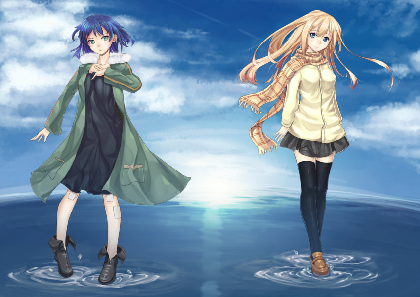 2girls bandages blackegg blonde_hair blue_eyes blue_hair boots cloud collarbone commentary_request day dress hand_on_own_chest loafers long_coat long_hair multiple_girls perfect_day_(supercell) pigeon-toed scarf shoes short_hair skirt sky smile standing standing_on_liquid sun supercell_(band) thighhighs zettai_ryouiki