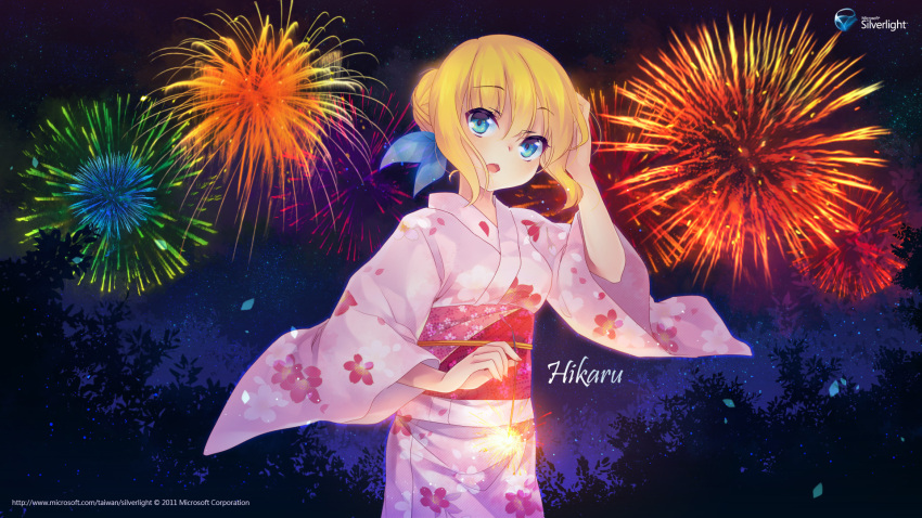 aerial_fireworks aizawa_hikaru blonde_hair blue_hair blush female fireworks floral_print highres japanese_clothes kimono microsoft night official_art open_mouth pink_kimono silverlight solo yukata