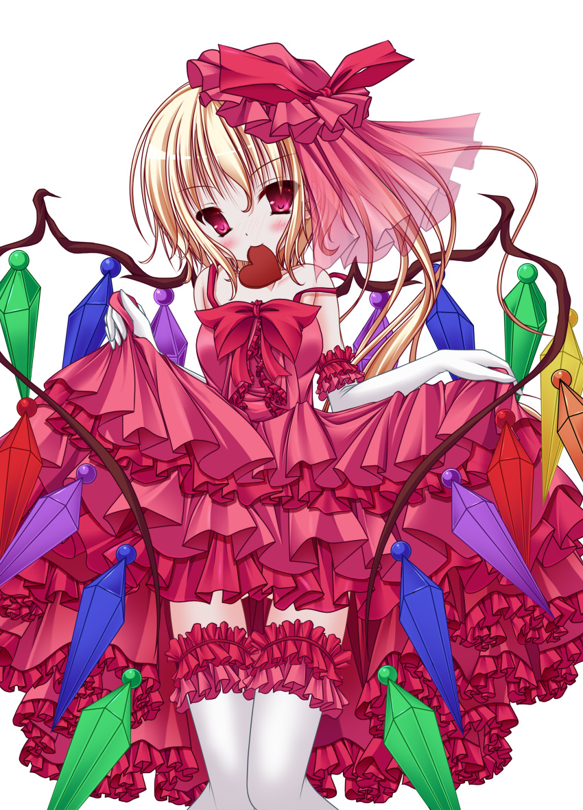 absurdres alternate_costume arm_garter blonde_hair blush candy chocolate clothes_lift commentary_request dress dress_lift elbow_gloves female flandre_scarlet food frilled_dress frilled_thighhighs frills gloves hat hat_ribbon heart heart-shaped_chocolate highres mouth_hold no_pants photoshop_(medium) red_eyes ribbon see-through side_ponytail solo strap_slip thighhighs touhou wata_(akawata) white_gloves white_thighhighs wings zettai_ryouiki