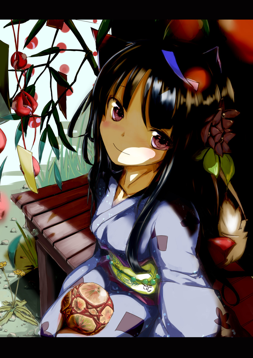 absurdres analog_kenshi_(moto) ball black_hair blush commentary_request female flower hair_flower hair_ornament head_tilt highres japanese_clothes kimono letterboxed looking_at_viewer looking_up obi original purple_eyes sash sitting smile solo temari_ball veranda yukata