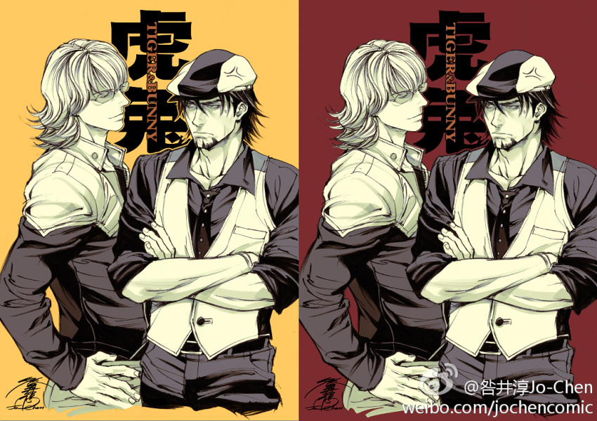 2boys anger_vein artist_name barnaby_brooks_jr. cabbie_hat commentary crossed_arms facial_hair glasses goatee hand_on_own_hip hat jacket jo_chen kaburagi_t._kotetsu male_focus mixed-language_commentary monochrome multiple_boys necktie realistic red_background signature tiger_&_bunny vest watermark web_address yellow_background yellow_theme