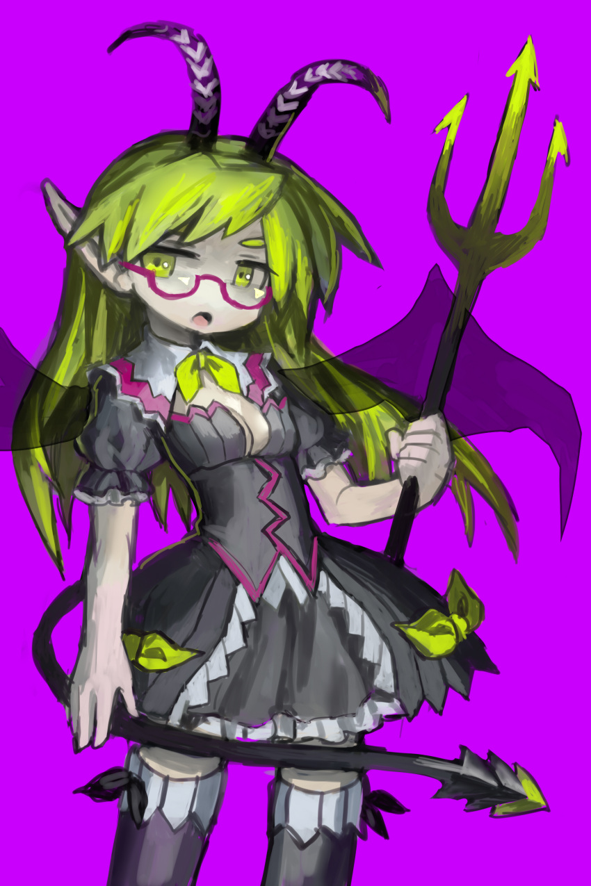 absurdres commentary_request demon female glasses highres horns original pointy_ears polearm solo tail thighhighs trident weapon wings zinbei