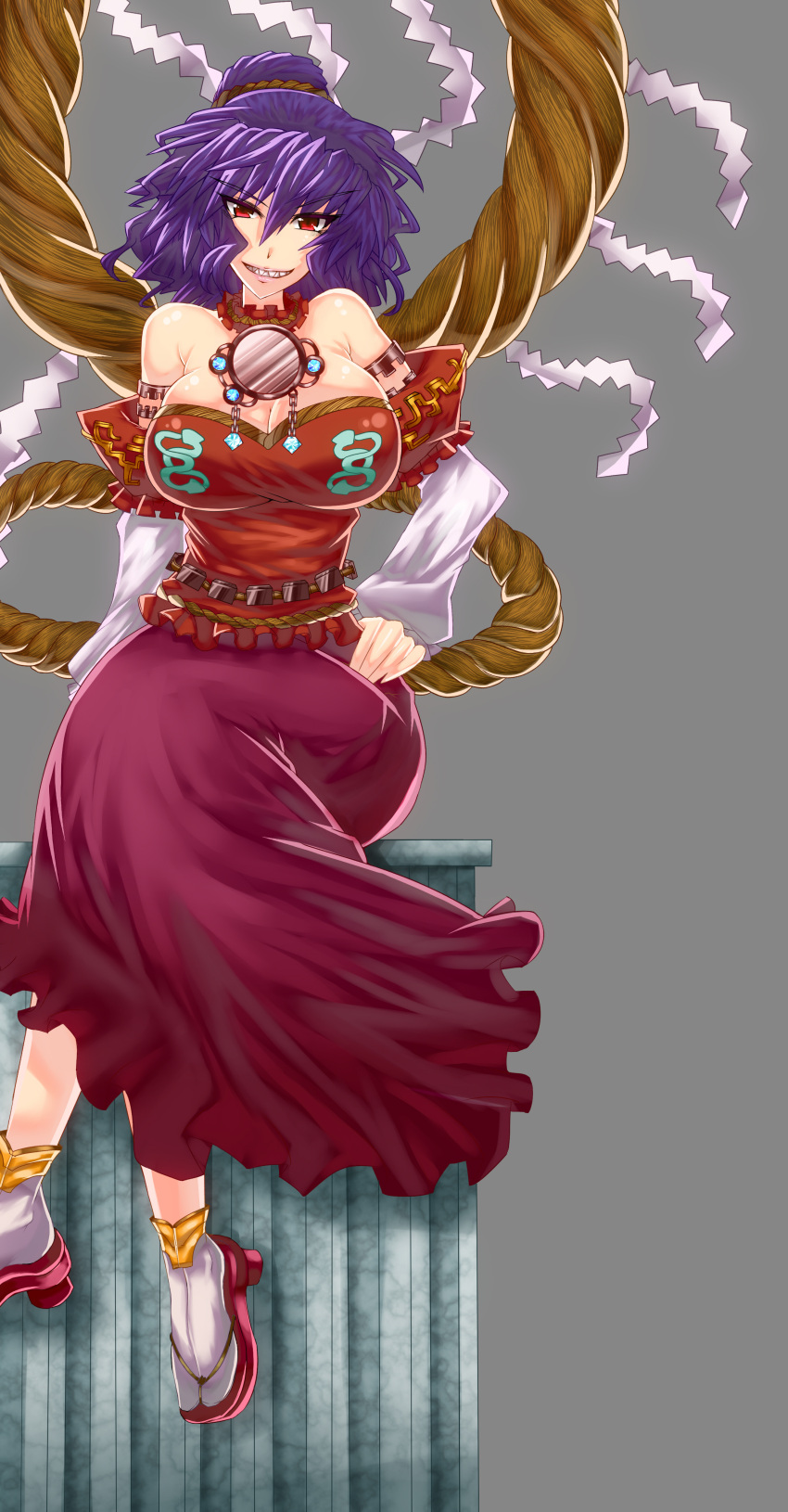 absurdres adapted_costume bare_shoulders breasts cleavage commentary_request crossed_legs detached_sleeves embellished_costume female gold_trim grin hair_bun hand_on_own_hip highres large_breasts mirror purple_hair red_eyes sharp_teeth short_hair simple_background single_hair_bun sitting smile solo tabi teeth touhou unmoving_pattern wakura_(gcdan) yasaka_kanako