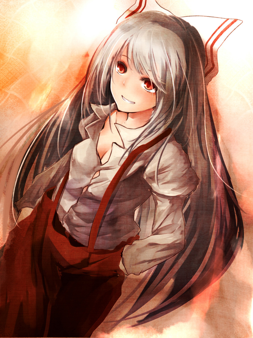 bow breasts cleavage commentary_request dress_shirt dutch_angle female fujiwara_no_mokou grey_hair grin hairbow hands_in_pockets highres long_hair medium_breasts metalwasabi pants photoshop_(medium) red_eyes shirt smile solo suspenders touhou very_long_hair