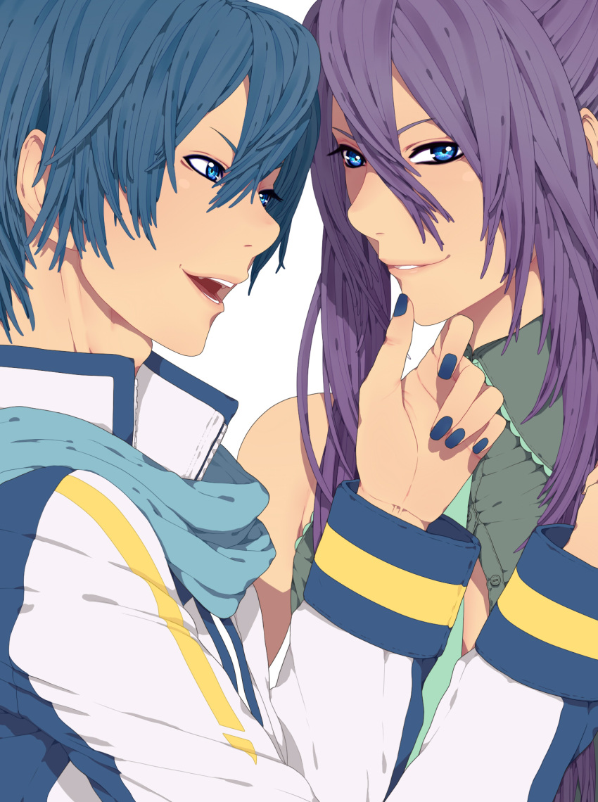 2boys blue_eyes blue_hair blue_scarf commentary_request cosplay crossdressing hatsune_miku hatsune_miku_(cosplay) highres kaito_(vocaloid) kamui_gakupo long_hair male_focus multiple_boys nail_polish nayu open_mouth purple_hair scarf simple_background smile vocaloid yaoi