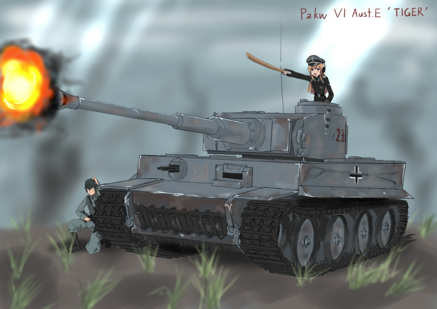 1boy aisaka_taiga balkenkreuz bokken caterpillar_tracks combat_helmet commentary_request cross faintxp female firing gun headphones helmet iron_cross long_hair military military_uniform military_vehicle motor_vehicle mp40 muzzle_flash name_connection pun soldier stahlhelm submachine_gun sword takasu_ryuuji tank tiger_i toradora! uniform weapon wehrmacht wooden_sword world_war_ii