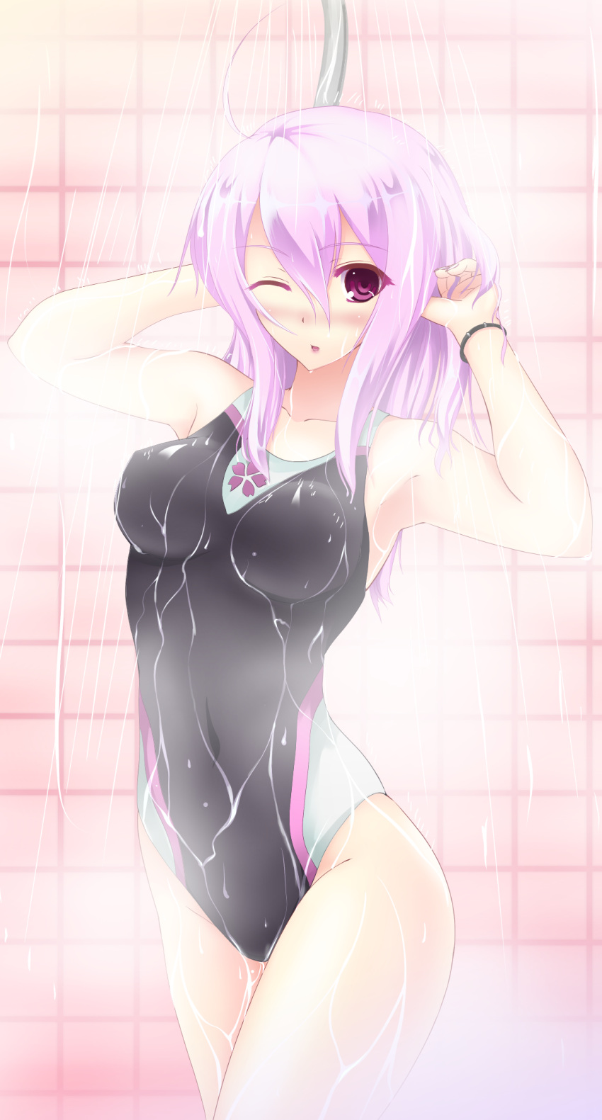 ahoge arms_up blush bracelet breasts commentary_request competition_swimsuit cu-no female highres hisen_kaede jewelry large_breasts light_purple_hair official_art one-piece_swimsuit one_eye_closed purple_eyes short_hair showering solo standing swimsuit tile_wall tiles wet yayoi_sakura