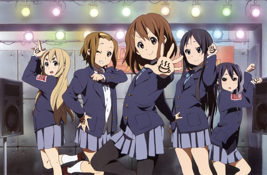 5girls absurdres akiyama_mio black_eyes black_hair blonde_hair blue_eyes brown_eyes brown_hair foreshortening highres hirasawa_yui k-on! kotobuki_tsumugi long_hair multiple_girls nakano_azusa official_art pantyhose paw_pose sakuragaoka_high_school_uniform school_uniform short_hair tainaka_ritsu twintails yamada_naoko