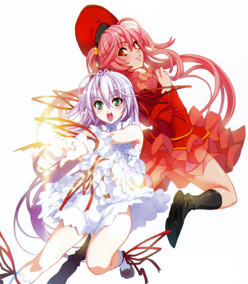 2girls absurdres al_azif another_blood back-to-back demonbane dress frills green_eyes hair_ribbon hat highres light_purple_hair long_hair multiple_girls nishii_(damnedrive) official_art open_mouth photoshop_(medium) pink_hair red_eyes ribbon simple_background skirt wrist_cuffs