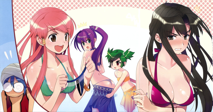 1boy 4girls :d ^^^ assisted_exposure bikini blue_hair blue_sarong breasts brown_eyes brown_hair cleavage green_eyes green_hair hattori_yamame highres kage_kara_mamoru! kagemori_mamoru konnyaku_yuuna kumogakure_hotaru long_hair madara_sai mapputatsu_tsubaki medium_breasts multiple_girls non-web_source official_art open_mouth panties pantsing photoshop_(medium) ponytail purple_hair red_hair sarong smile swimsuit thong thong_bikini underwear wavy_mouth