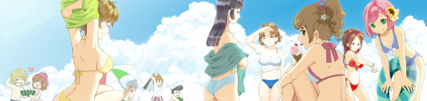 4boys 6+girls 7girls ass bikini black_eyes black_hair blindfold blonde_hair blush brown_eyes brown_hair character_request closed_eyes cloud clouds earrings fan female flower food fruit grey_hair hair_ornament hairband happy highres hosokawa_gracia ice_cream inahime ishida_mitsunari jewelry knb6 kunoichi_(sengoku_musou) long_hair long_image looking_back male midriff multiple_boys multiple_girls nene oichi open_mouth pink_hair pink_ribbon ponytail ribbon sengoku_musou sengoku_musou_2 sengoku_musou_3 shirt short short_hair sky spoon swim_trunks swimsuit tachibana_ginchiyo umbrella watermelon white_shirt wide_image