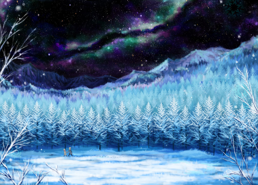 1boy blonde_hair blue_theme coat commentary_request female footprints forest holding_hands mountain nature night night_sky original outdoors scarf scenery setsuri_(tubaki) sky snow snowflakes snowing star_(sky) starry_sky tree winter