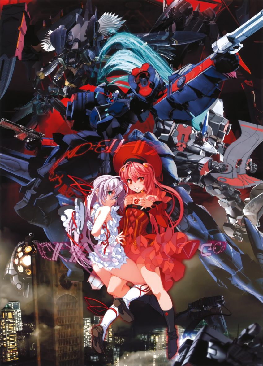 2girls absurdres al_azif another_blood between_legs city demonbane demonbane_(mecha) detached_sleeves frills green_eyes grin hat highres light_purple_hair long_hair looking_back mecha miniskirt multiple_girls nishii_(damnedrive) red_eyes red_hair robot skirt smile