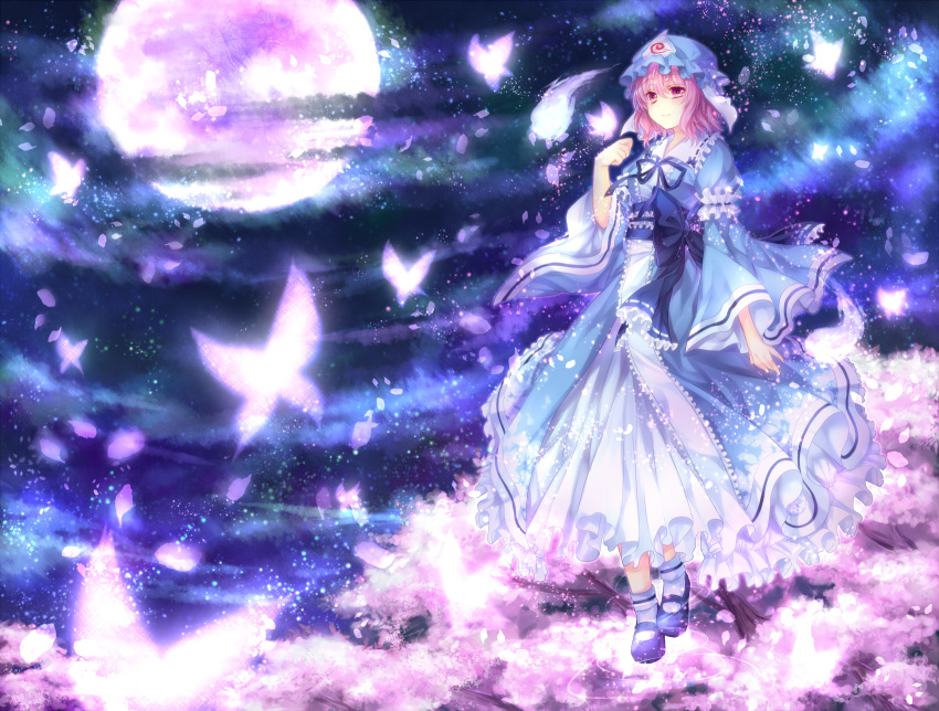 bad_id bad_pixiv_id bug butterfly cherry_blossoms cloud dress female full_moon ghost hat highres hitodama japanese_clothes moon night night_sky petals pink_eyes pink_hair saigyouji_yuyuko shoes short_hair sky smile solo touhou tree triangular_headpiece yuuna_minato