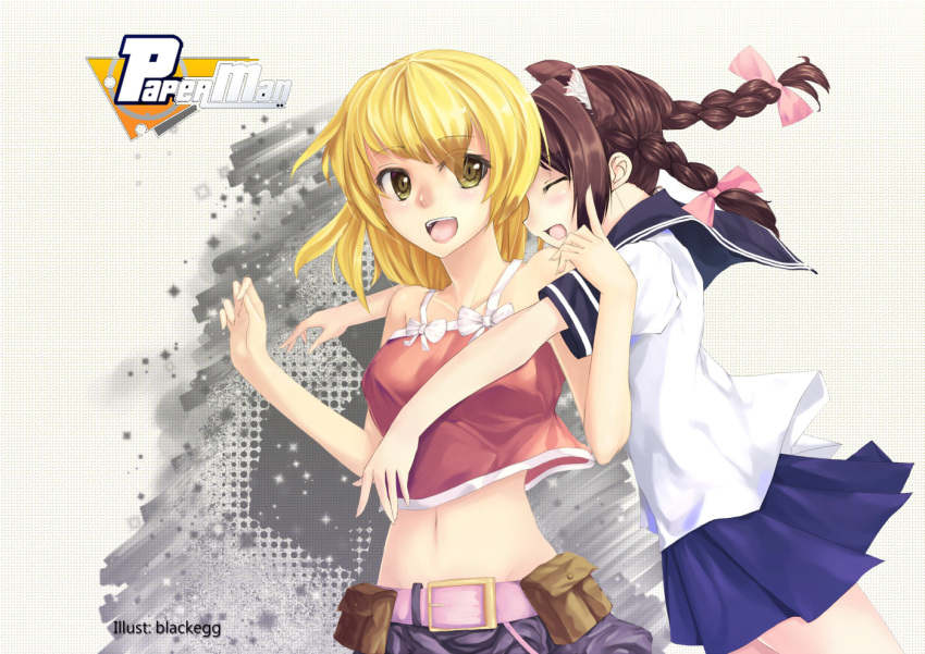 2girls :d animal_ears bare_shoulders belt belt_pouch blackegg blonde_hair blush bow braid brown_hair closed_eyes collarbone commentary_request crop_top extra_ears hairbow hug hug_from_behind midriff millie_(paper_man) multiple_girls navel open_mouth paper_man pleated_skirt pouch school_uniform serafuku short_hair skirt smile tina_(paper_man) twin_braids twintails yellow_eyes