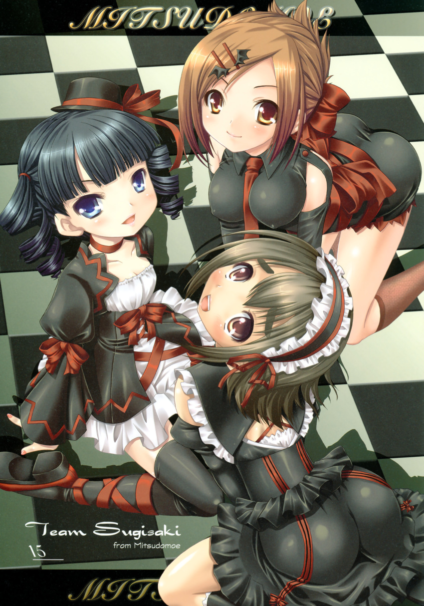 3girls absurdres alto_seneka checkered_floor highres lolita_fashion looking_at_viewer mitsudomoe_(manga) miyashita multiple_girls sugisaki_miku thighhighs yoshioka_yuki