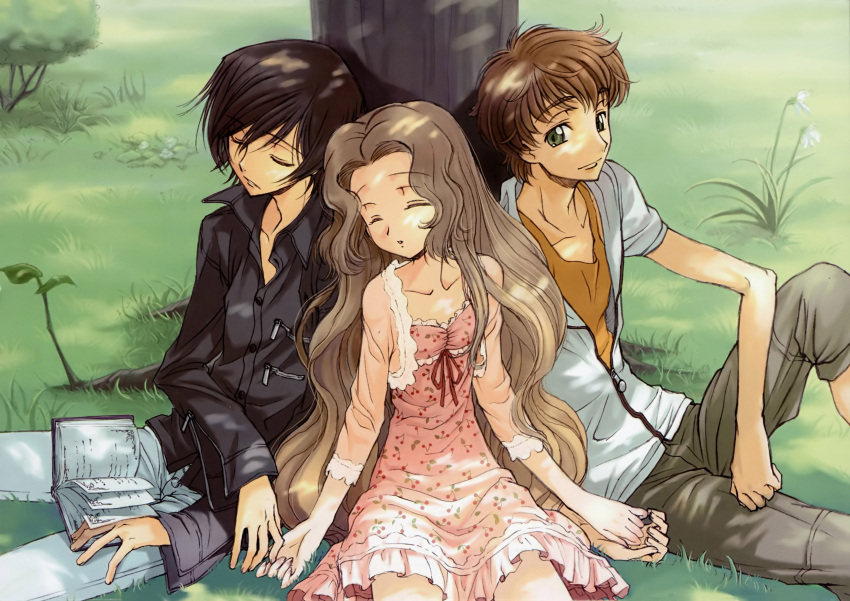 2boys absurdres against_tree black_hair book brown_hair closed_eyes code_geass female green_eyes highres holding_hands kimura_takahiro kururugi_suzaku lelouch_vi_britannia long_hair multiple_boys nunnally_vi_britannia on_grass ookouchi_ricca photoshop_(medium) scan sleeping tree