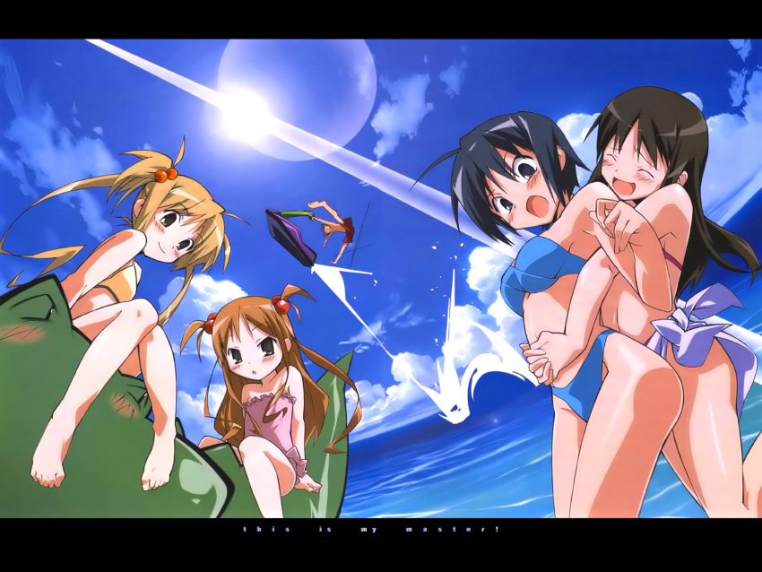 1boy 4girls ahoge artist_request barefoot bikini black_hair blonde_hair blue_hair blush brown_hair cloud day everyone feet flat_chest highres hug jpeg_artifacts kore_ga_watashi_no_goshujin-sama kuramachi_anna letterboxed long_hair multiple_girls nakabayashi_yoshitaka ocean open_mouth pochi_(kore_ga_watashi_no_goshujin-sama) sawatari_izumi sawatari_karin sawatari_mitsuki short_hair smile swimsuit twintails