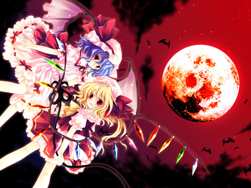 2girls alstroemeria_records bat_(animal) flandre_scarlet full_moon hat highres mob_cap moon multiple_girls red_moon remilia_scarlet sakurazawa_izumi siblings sisters touhou wings