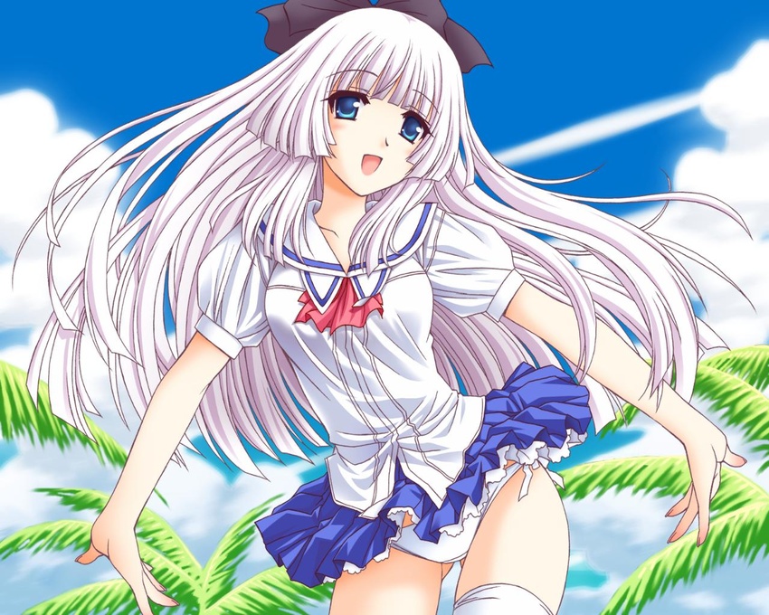 blue_eyes female game_cg hair_ribbon kono_aozora_ni_yakusoku_wo long_hair nekonyan palm_tree panties pantyshot ribbon rokujou_miyaho school_uniform side-tie_panties smile solo thighhighs tree underwear