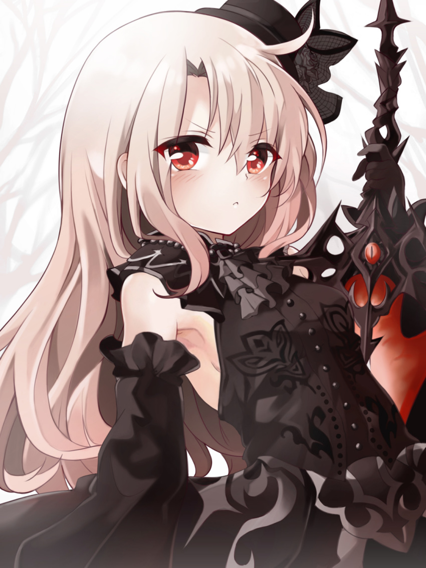 ascot balmung_(fate/apocrypha) black_capelet black_dress black_flower black_gloves black_hat black_rose blush breasts capelet commentary_request cosplay dress eyes_visible_through_hair fate/grand_order fate/kaleid_liner_prisma_illya fate_(series) female flower gloves hair_between_eyes hat highres illyasviel_von_einzbern kriemhild_(fate) kriemhild_(fate)_(cosplay) kriemhild_(first_ascension)_(fate) long_hair long_sleeves looking_at_viewer mochi_(k620803n) red_eyes rose sidelocks small_breasts solo sword veil weapon white_hair