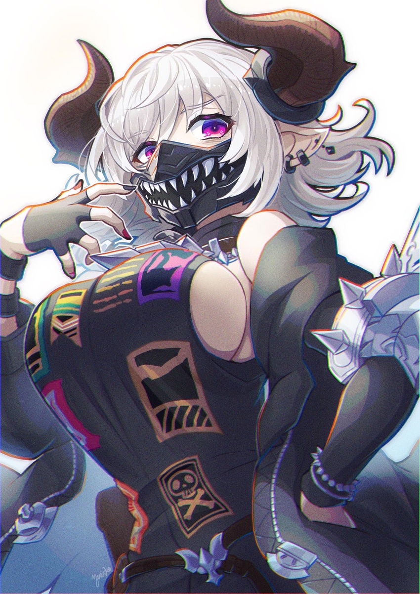 belt black_gloves black_jacket black_shirt breasts brown_horns commentary_request draph ear_piercing female fingerless_gloves gloves granblue_fantasy highres horns jacket large_breasts looking_at_viewer mask mouth_mask nail_polish off_shoulder piercing pointy_ears pouch purple_eyes red_nails shirt sideboob sleeveless sleeveless_shirt solo tristette_(granblue_fantasy) turtleneck white_hair yuiko_(yuiyuiko_108)