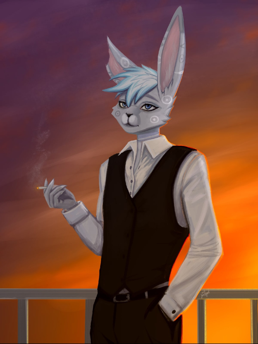 3:4 5_fingers anthro belt blue_eyes blue_hair bottomwear cigarette clothed clothing eyebrows fingers fur grey_body grey_eyebrows grey_fur hair hi_res lagomorph leporid male mammal notched_ear outside pants rabbit shirt smoke smoking solo sunset topwear vest youraugust