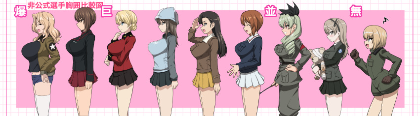 6+girls absurdres anchovy_(girls_und_panzer) angry anzio_military_uniform black_hair black_shirt black_skirt blonde_hair blue_shorts blush boko_(girls_und_panzer) braid breasts brown_eyes brown_hair bust_chart chi-hatan_military_uniform closed_mouth commentary darjeeling_(girls_und_panzer) drill_hair french_braid from_side girls_und_panzer girls_und_panzer_gekijouban green_hair hair_ribbon hairband highres huge_breasts jacket katyusha_(girls_und_panzer) kay_(girls_und_panzer) keizoku_military_uniform kuromorimine_military_uniform large_breasts long_hair medium_breasts mika_(girls_und_panzer) military military_jacket military_uniform miniskirt multiple_girls nishi_kinuyo nishizumi_maho nishizumi_miho ooarai_military_uniform open_mouth pleated_skirt pravda_military_uniform red_eyes red_skirt ribbon riding_crop saunders_military_uniform selection_university_military_uniform shimada_arisu shirt short_hair short_shorts shorts skirt small_breasts smile st._gloriana's_military_uniform standing stuffed_toy thighhighs translated uniform white_skirt white_thighhighs yasuoextuuuuuu yellow_skirt