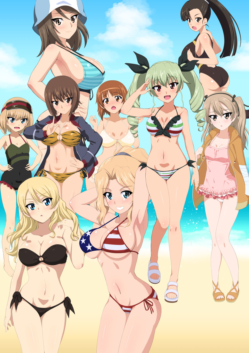 6+girls absurdres american_flag american_flag_bikini american_flag_print anchovy_(girls_und_panzer) animal_print armpits ass beach bikini black_bikini black_hair black_one-piece_swimsuit blonde_hair blue_eyes blue_stripes blush breasts brown_hair casual_one-piece_swimsuit cleavage closed_mouth covered_navel darjeeling_(girls_und_panzer) day drill_hair flag_print frilled_one-piece_swimsuit frills girls_und_panzer green_hair green_one-piece_swimsuit grin hair_ribbon hairband highres italian_flag_bikini jacket katyusha_(girls_und_panzer) kay_(girls_und_panzer) large_breasts long_hair looking_at_viewer medium_breasts medium_hair mika_(girls_und_panzer) multicolored_clothes multicolored_swimsuit multiple_girls navel nishi_kinuyo nishizumi_maho nishizumi_miho one-piece_swimsuit open_clothes open_jacket open_mouth outdoors pink_one-piece_swimsuit ponytail print_bikini red_eyes ribbon shimada_arisu shiny_skin short_hair side-tie_bikini_bottom small_breasts smile standing stomach striped_bikini striped_clothes swimsuit tiger_print track_jacket twintails white_bikini yasuoextuuuuuu