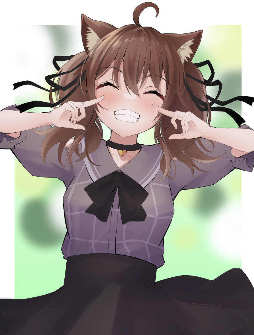 ^_^ absurdres ahoge animal_ear_fluff animal_ears black_bow black_choker black_ribbon black_skirt blurry blurry_background blush bow breasts brown_hair cat_ears choker closed_eyes collared_shirt commentary depth_of_field facing_viewer female grey_shirt grin hair_ribbon hands_up highres hololive natsuiro_matsuri natsuiro_matsuri_(casual) official_alternate_costume puffy_short_sleeves puffy_sleeves ribbon rururaroru shirt short_sleeves skirt small_breasts smile solo twintails virtual_youtuber