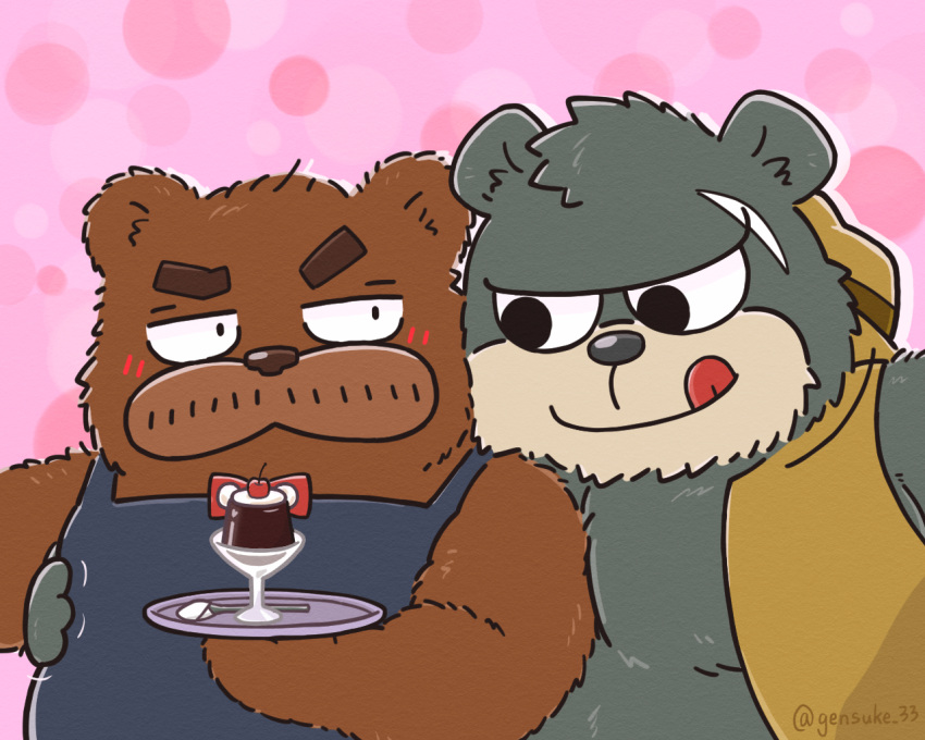 2022 5:4 anthro apron bear blush bow_tie brew_(kumalino) brown_body clothing duo gensuke hat headgear headwear kemono kumalino male male/male mammal roast_(kumalino) sanrio scar slightly_chubby tongue tongue_out