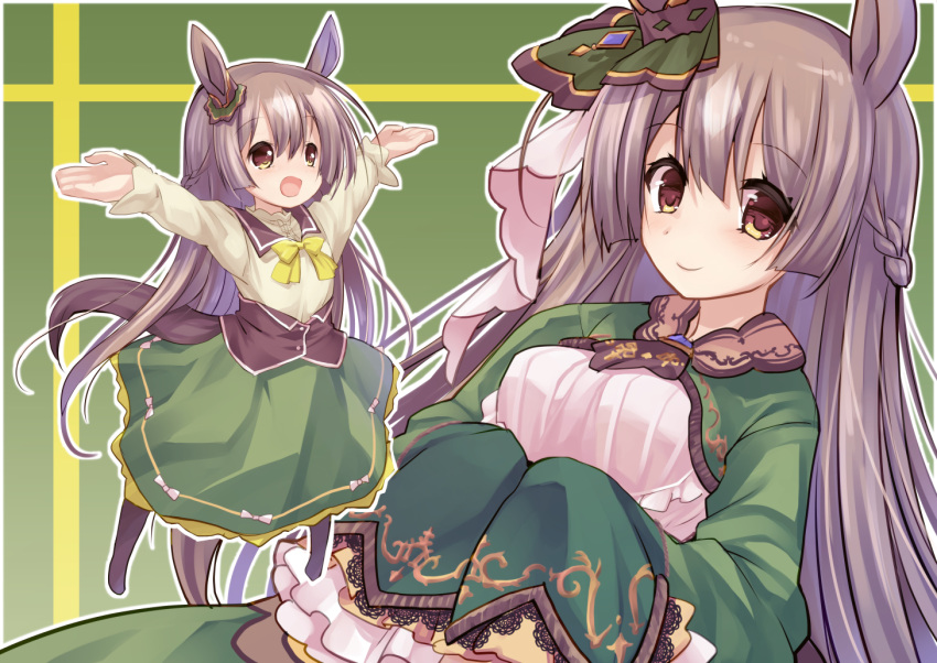 aged_down animal_ears arms_up braid brown_hair commentary_request dress ear_ornament female green_background hair_ornament half_updo horse_ears horse_girl horse_tail izumi_yukiru long_hair long_skirt long_sleeves looking_at_viewer open_mouth satono_diamond_(umamusume) simple_background skirt solo tail umamusume very_long_hair yellow_eyes