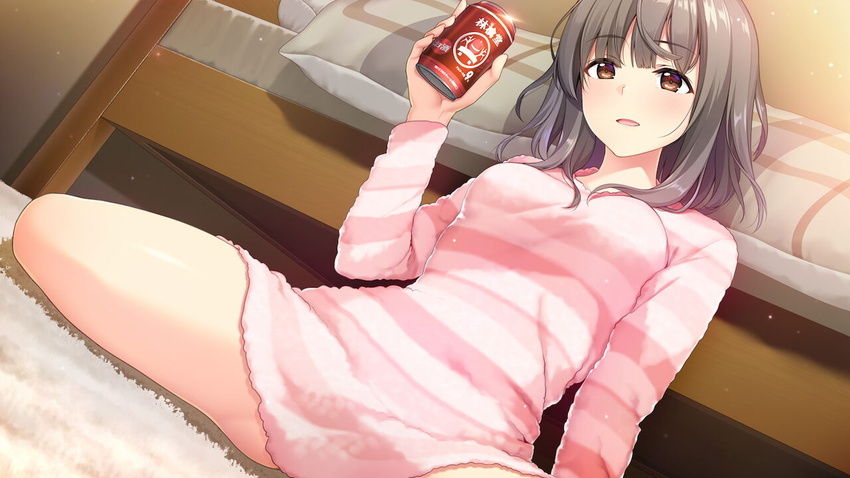 bare_legs bed bedroom breasts brown_eyes dress dutch_angle female game_cg grey_hair holding indoors long_hair long_sleeves medium_breasts mizuno_sao open_mouth pink_dress pink_sweater sawayaka_samehada short_dress shouna_mitsuishi sitting solo straight_hair striped_clothes striped_dress striped_sweater suzumoto_chisa sweater sweater_dress uchi_wa_mou_enki_dekinai. unasaka_ryou