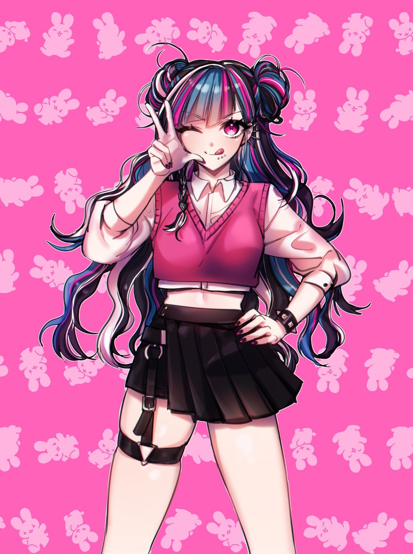 alternate_hairstyle animal_print black_hair black_nails blue_hair blush breasts commentary crop_top cropped_vest danganronpa_(series) danganronpa_2:_goodbye_despair double_bun ear_piercing female gwanlamcha hair_bun hand_on_own_hip highres jewelry long_hair looking_at_viewer medium_breasts mioda_ibuki multicolored_hair multicolored_nails nail_polish o-ring one_eye_closed piercing pink_background pink_eyes pink_hair pink_nails pink_vest pleated_skirt rabbit_print shiny_skin shirt skindentation skirt solo symbol-only_commentary thigh_strap tongue tongue_out v vest w wavy_hair white_hair