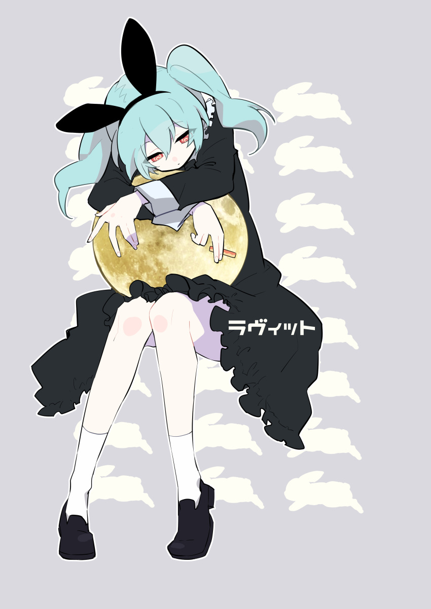 absurdres black_dress black_footwear blue_hair carrot_sticks closed_mouth commentary copyright_name dress female food frilled_dress frills full_moon grey_background half-closed_eyes hatsune_miku highres holding holding_food hugging_object invisible_chair long_sleeves loveit_(vocaloid) moon nekoma_hikaru patterned_background rabbit red_eyes shoes sidelocks sitting sleeve_cuffs socks solo twintails vocaloid white_socks