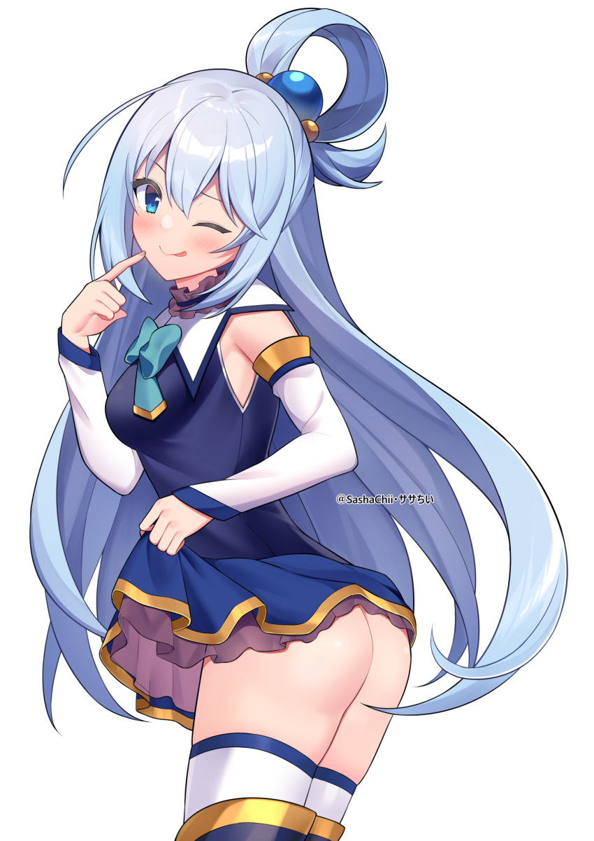 ;q aqua_(konosuba) ass blue_eyes blue_footwear blue_hair blue_skirt blue_vest blush boots clothes_lift cowboy_shot detached_sleeves female finger_to_mouth floating_hair from_side hair_ornament highres index_finger_raised kono_subarashii_sekai_ni_shukufuku_wo! layered_skirt lifting_own_clothes long_hair long_sleeves looking_at_viewer miniskirt no_panties one_eye_closed sasha_chii single_hair_ring skirt skirt_lift solo standing thigh_boots thighhighs tongue tongue_out twitter_username very_long_hair vest watermark white_background white_sleeves white_thighhighs