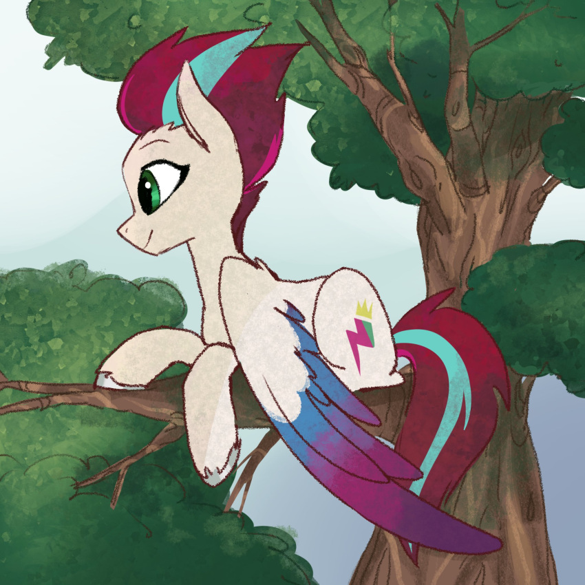 1:1 blue_eyes cutie_mark equid equine female hair hasbro hi_res hooves in_tree mammal mlp_g5 my_little_pony mythological_creature mythological_equine mythology pegasus pfeffaroo plant purple_hair solo tree wings zipp_storm_(mlp)