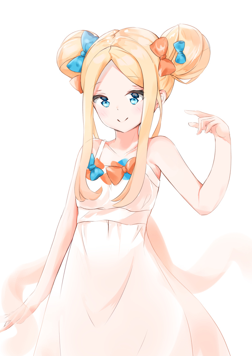 abigail_williams_(fate) absurdres bare_arms bare_shoulders blonde_hair blue_bow blue_eyes bow collarbone commentary double_bun dress fate/grand_order fate_(series) female forehead hair_bun hairbow hand_up highres long_hair orange_bow parted_bangs sidelocks simple_background sleeveless sleeveless_dress solo white_background yukaa