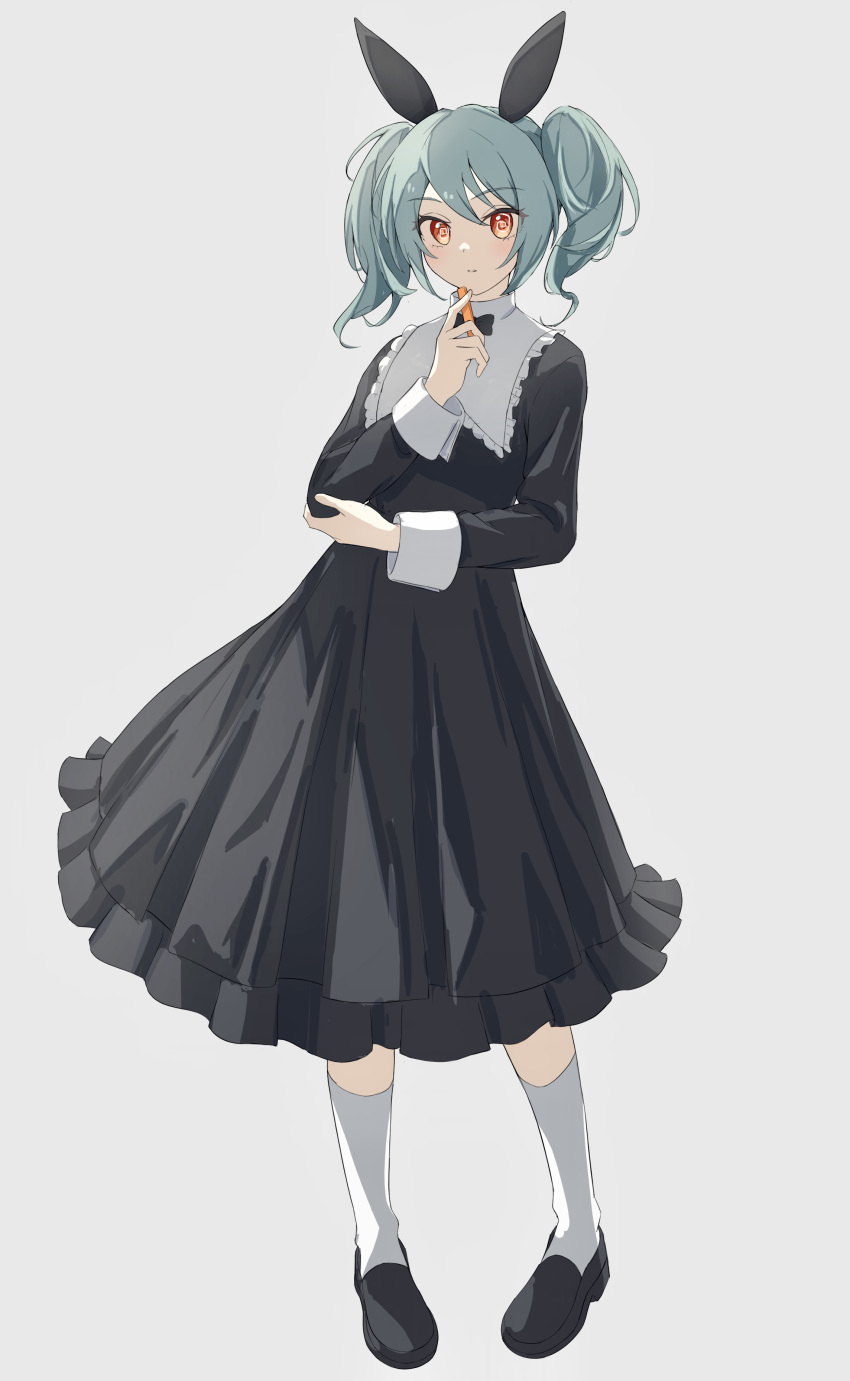 @_@ absurdres animal_ears aqua_hair black_bow black_bowtie black_dress black_footwear bow bowtie carrot_sticks collared_dress commentary dress fake_animal_ears female food frilled_shirt_collar frills full_body grey_background hatsune_miku highres holding holding_food long_sleeves looking_at_viewer loveit_(vocaloid) parted_lips rabbit_ears red_eyes shoes sidelocks simple_background sleeve_cuffs socks solo tomatology3 twintails vocaloid white_socks