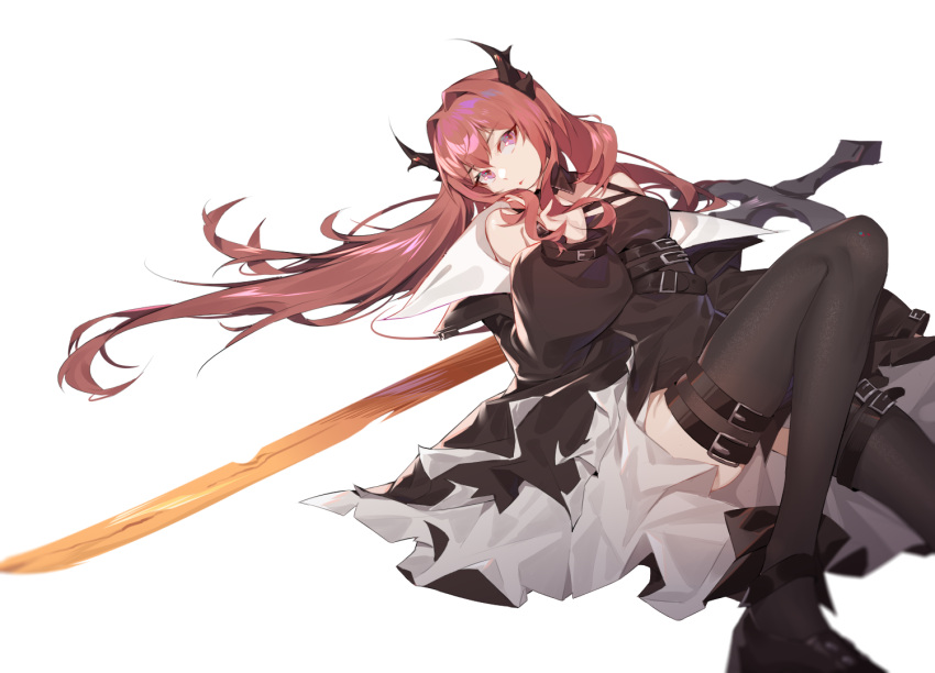 arknights chest_strap demon_girl demon_horns dress female horns jacket long_hair looking_at_viewer lying newflame purple_eyes red_hair solo surtr_(arknights) sword thighhighs weapon wings